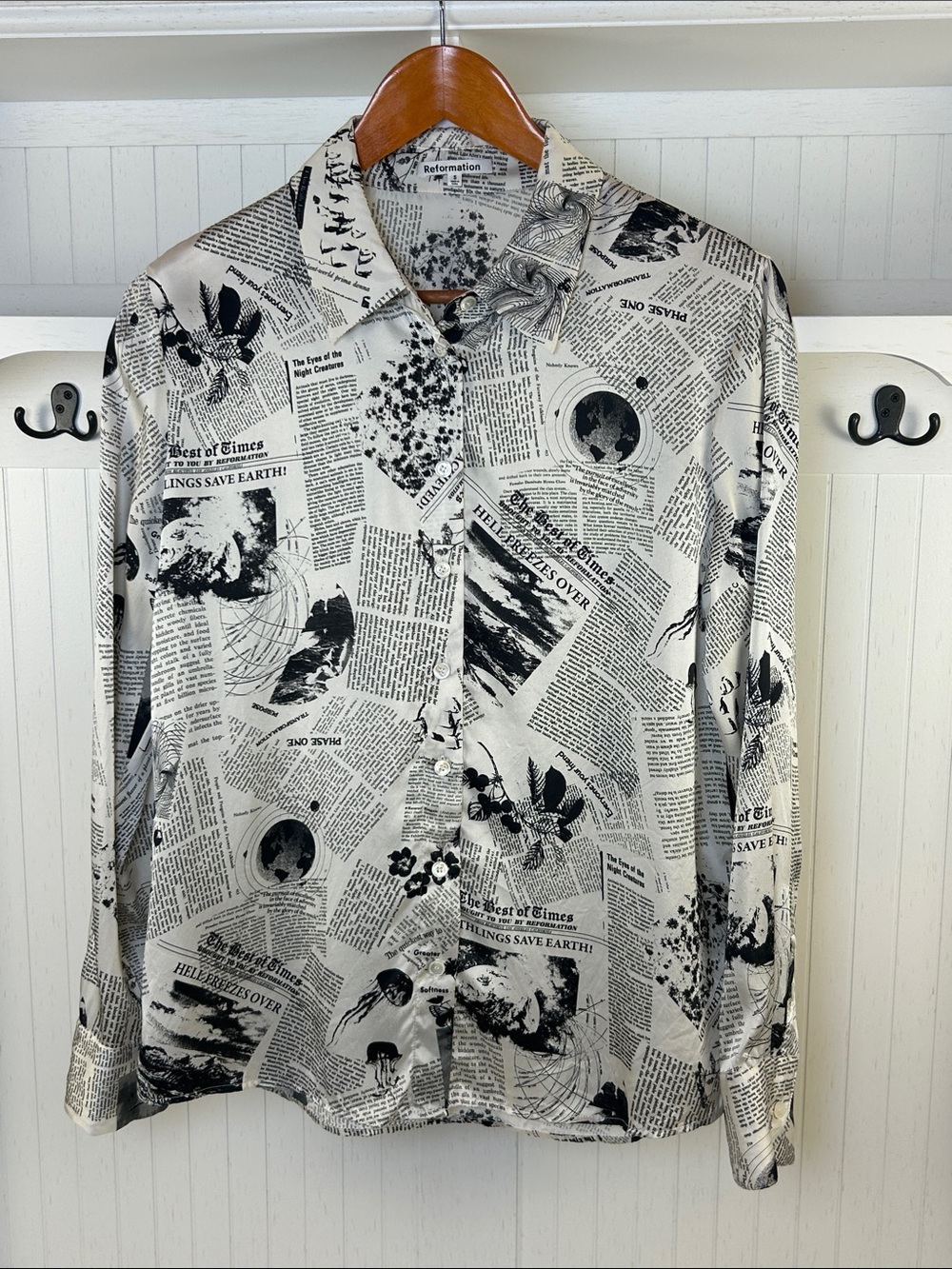 Reformation 100% Silk Sky Top in Climate Newsprint Black White Womens Size S